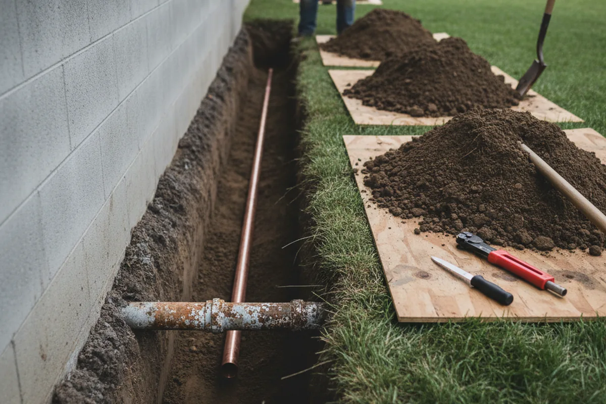 Excavated water line trench during Water Softener Installation in Central City